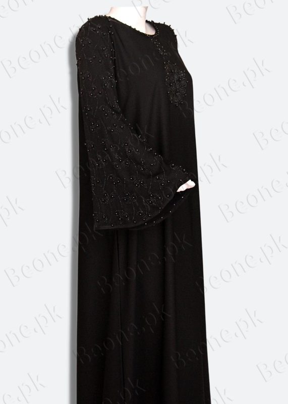 black abaya with stones and pearls
