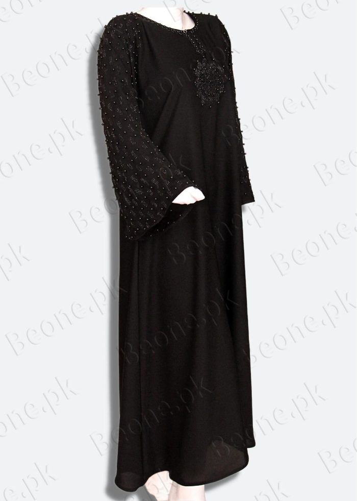 black abaya with stones and pearls