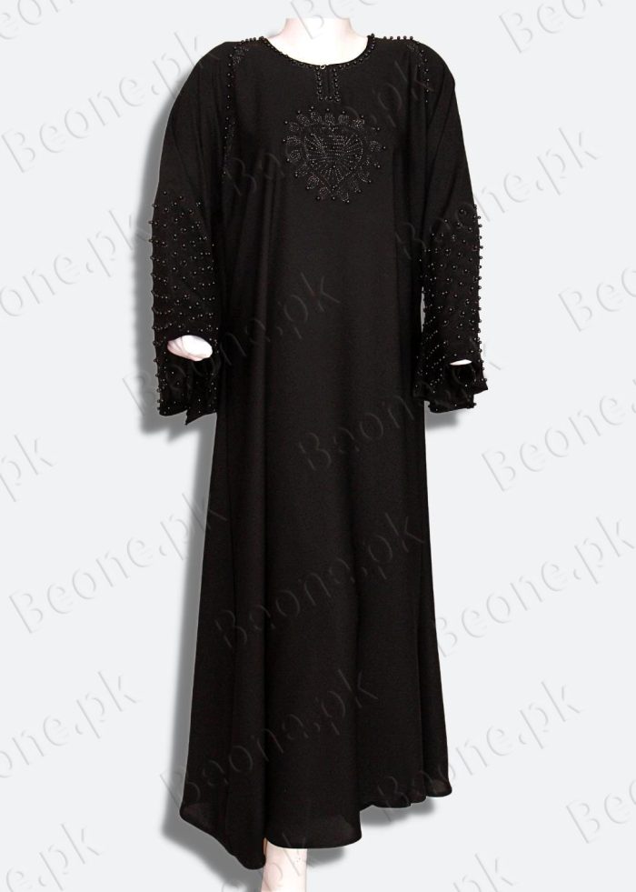 black abaya with stones and pearls