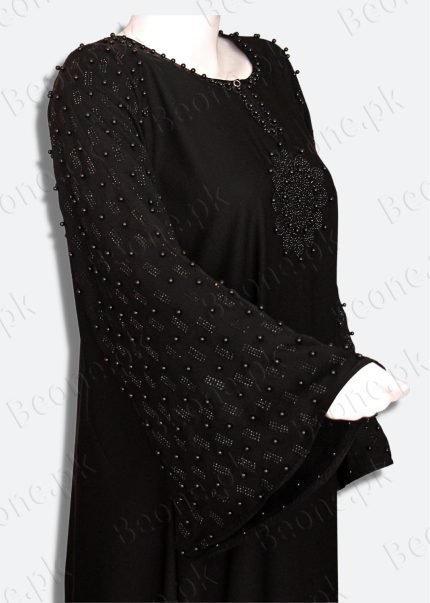 black abaya with stones and pearls