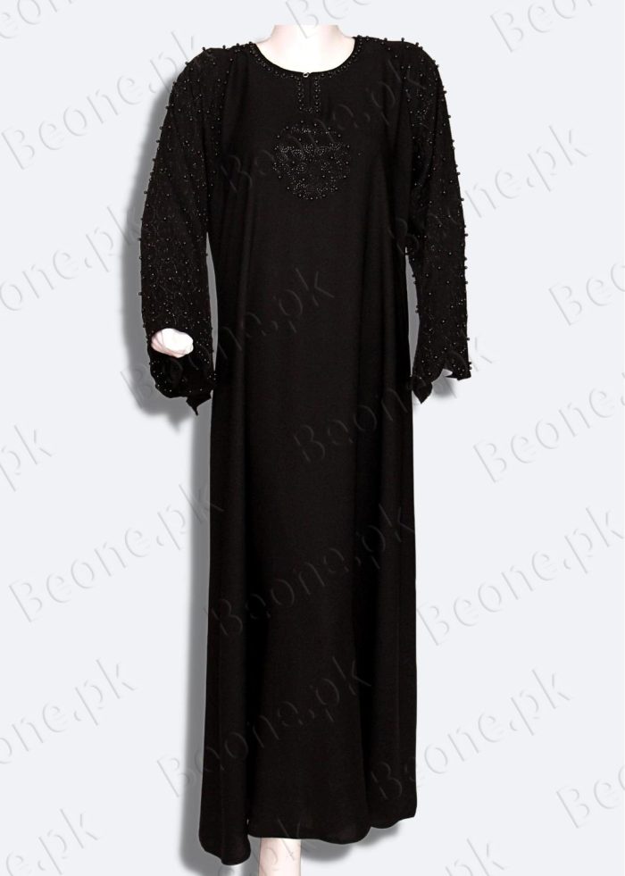 black abaya with stones and pearls