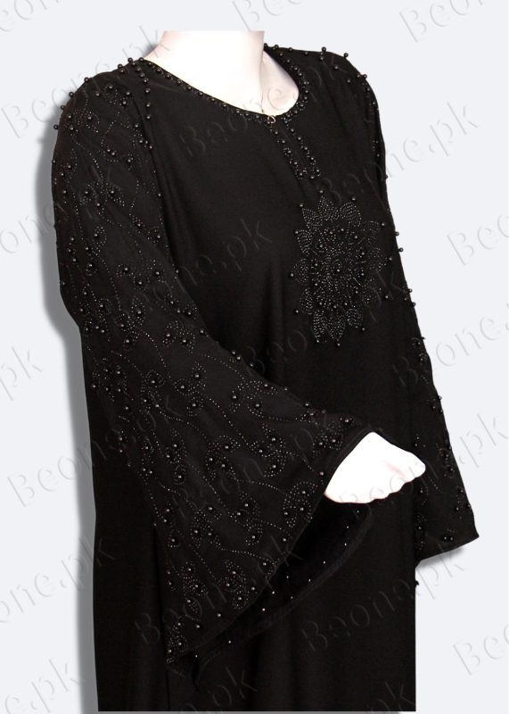 black abaya with stones and pearls