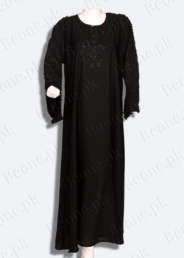 black abaya with stones and pearls