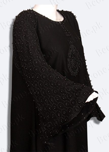 black abaya with stones and pearls