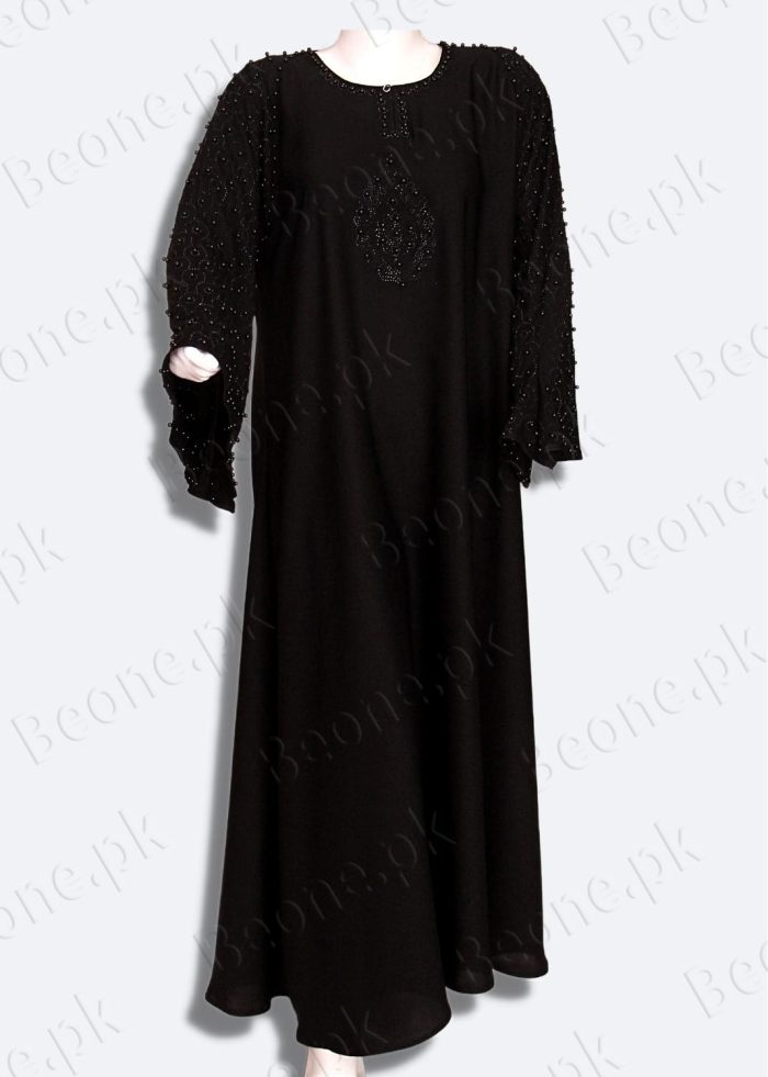 black abaya with stones and pearls