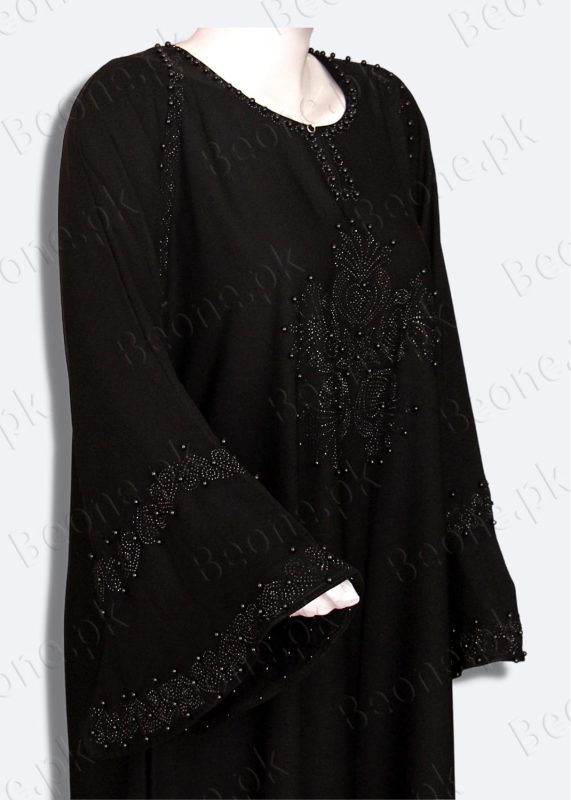 black abaya with stones and pearls