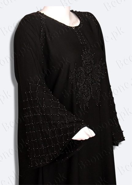 black abaya with stones and pearls