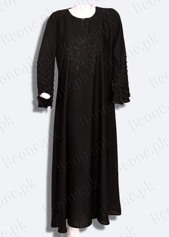 black abaya with stones and pearls