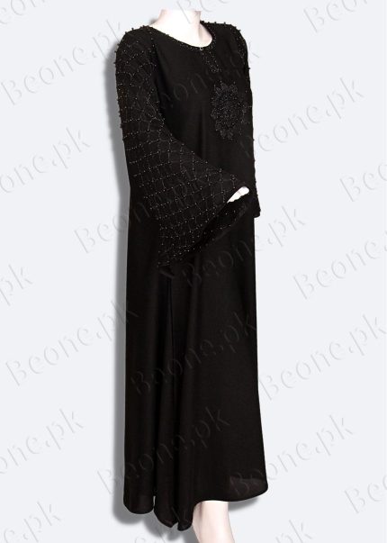 black abaya with stones and pearls