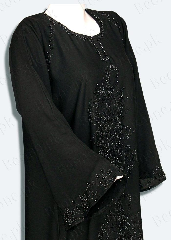 black abaya with stones and pearls