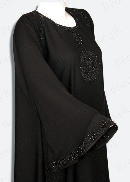 black abaya with stones and pearls