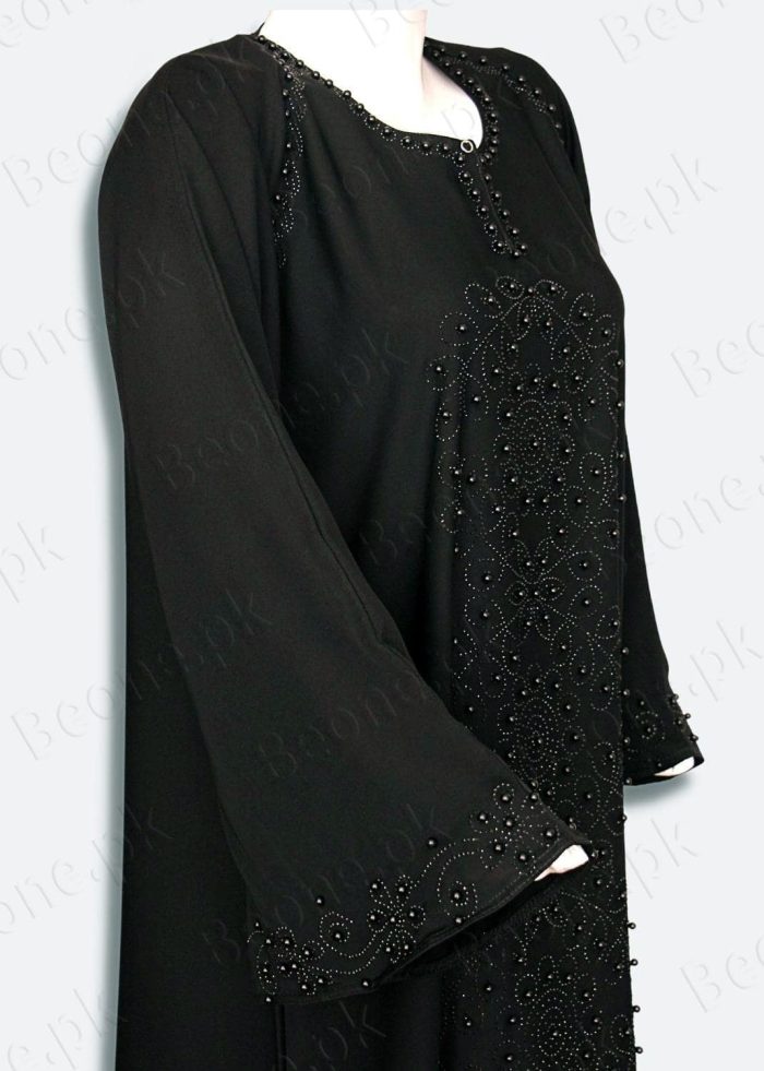 black abaya with stones and pearls