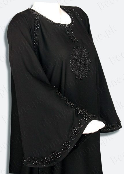 black abaya with stones and pearls