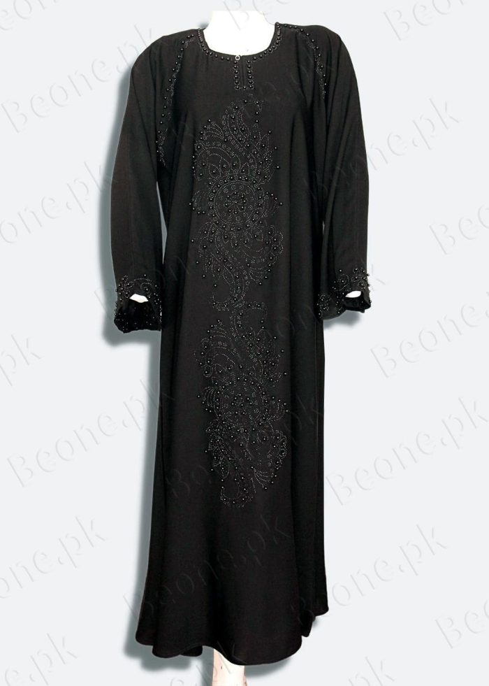 black abaya with stones and pearls