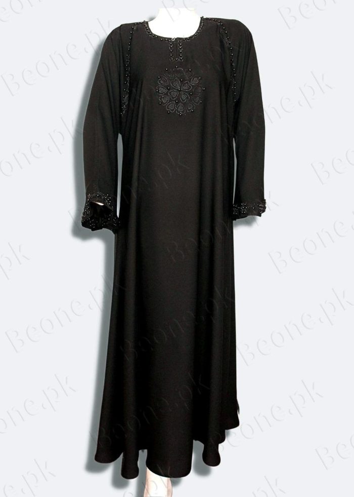 black abaya with stones and pearls