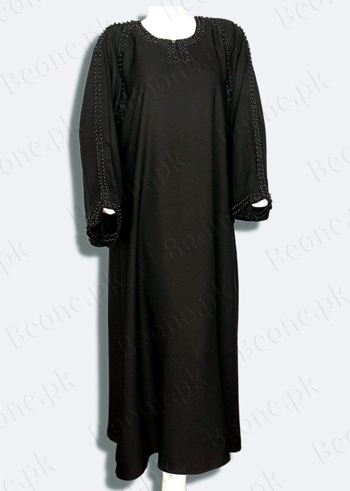 black abaya with stones and pearls