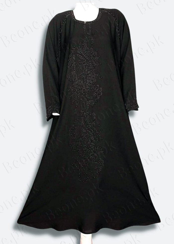 black abaya with stones and pearls