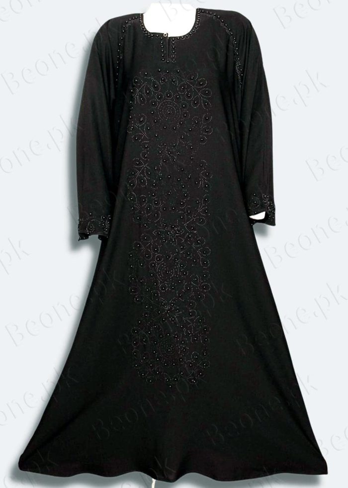 black abaya with stones and pearls