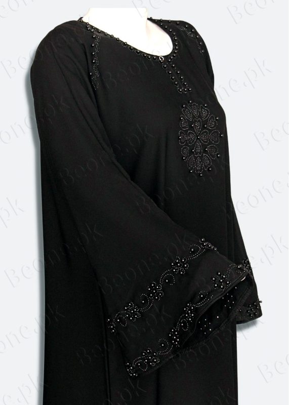 black abaya with stones and pearls